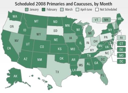 Map of sheduled Primaries and Caucuses by month for 2008 election