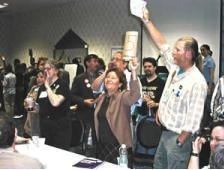 Members of the Green Party caucus vote during the party convention Bemidji, Minnesota June 6 2004